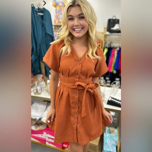 NWT Entro burnt orange puff sleeve button down mini dress with belt, medium - Picture 5 of 7